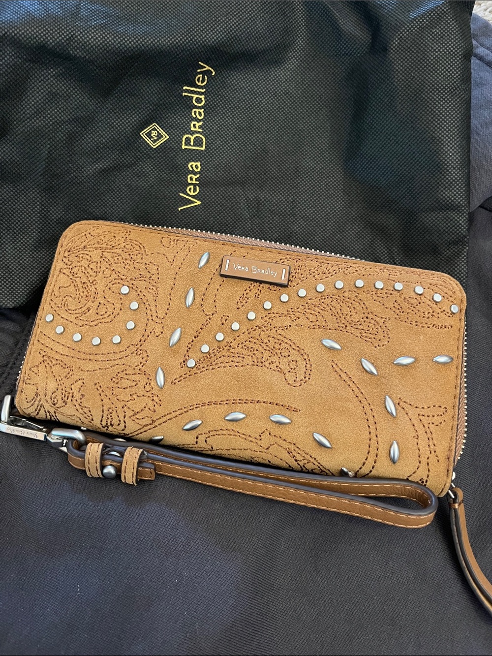 Vera Bradley Tan Suede Embossed Studded Wristlet